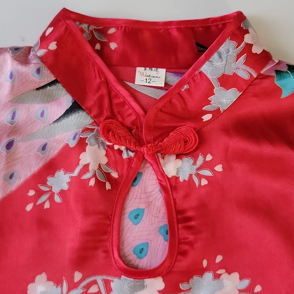 Wudiemi Chinese Peacock Sleeveless Dress Mandarin Collar Red Pink Size 8/10